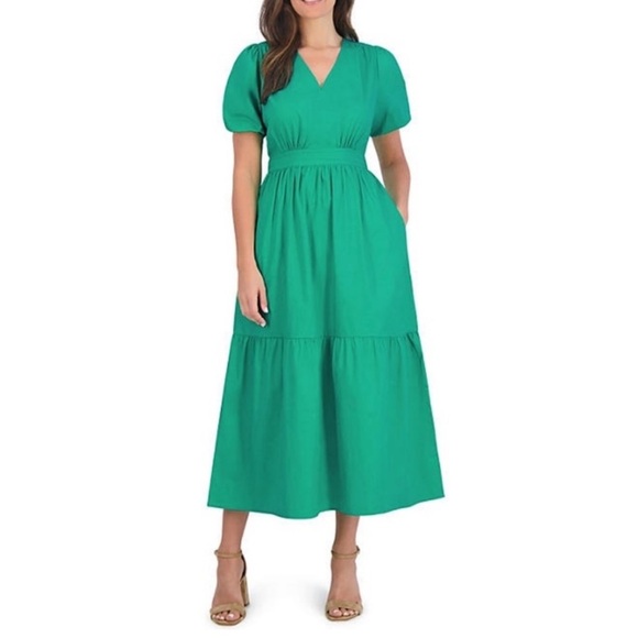 French Connection Pretty Green cotton Maxi Dress Puff Sleeve XS - Picture 1 of 8